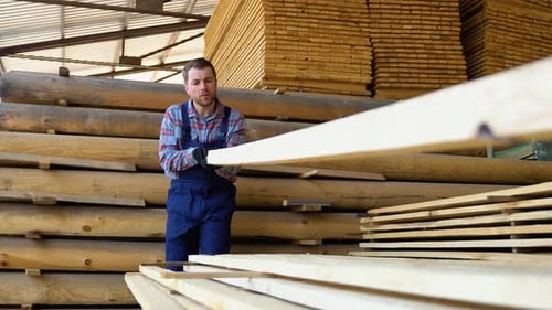Worker Unload and Rearrange Wooden Boards on a Summer Day Outdoors Storage of Lumber for