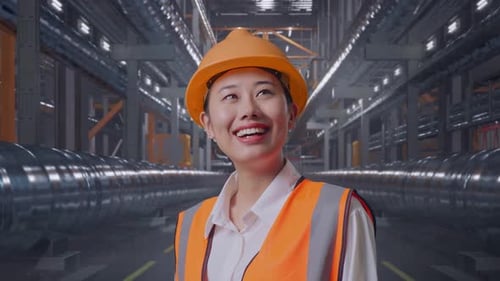 Close Up Side View Of Asian Female Engineer Looking Around With Metal Pipes