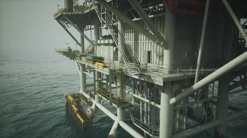 Old Oil Platform Standing in Calm Waters Under a Hazy Sky at Dawn