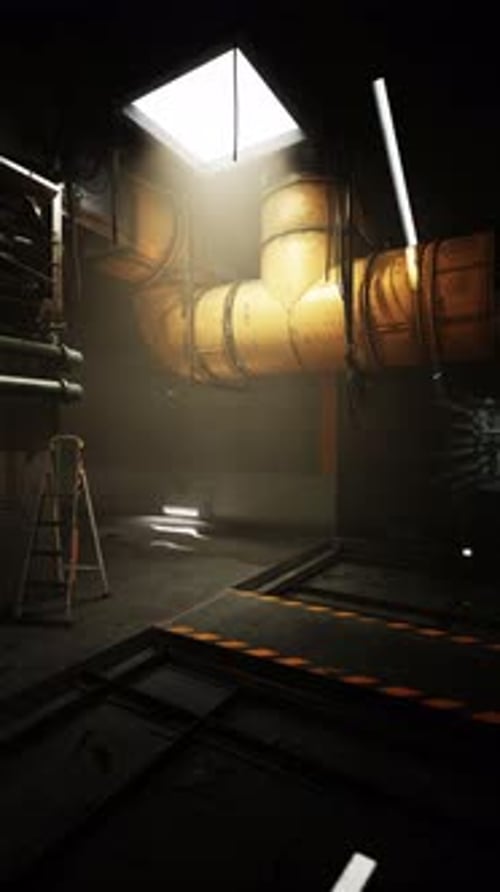 Industrial Space with Yellow Pipes and Ladder Illuminated By Sunlight