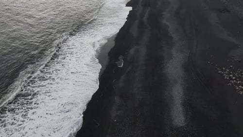 Iceland Reynisfjara Black Sand Beach with Basalt Columns Aerial Drone
