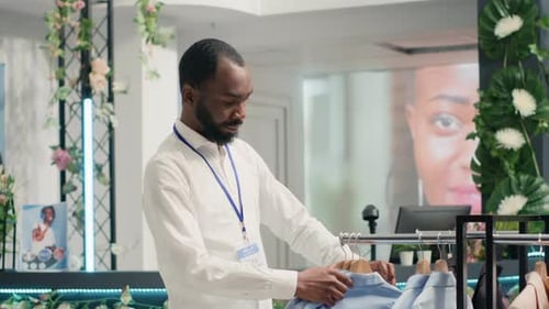 Store Employee Arranging Stylish Shirts in Clothing Boutique