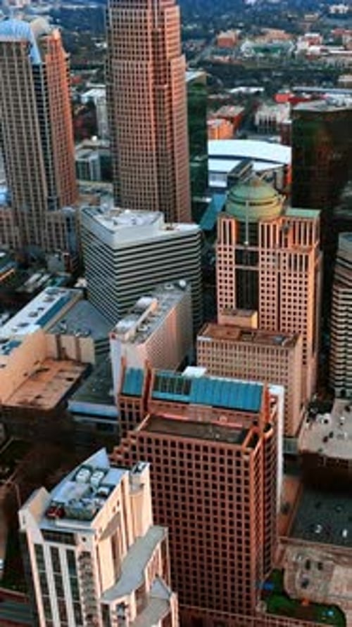 Approaching the downtown with skyscrapers in the modern American city.