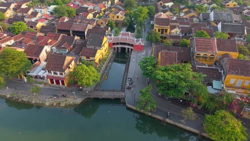 Drone Footage of Japanese Bridge in Hoi An Vietnam