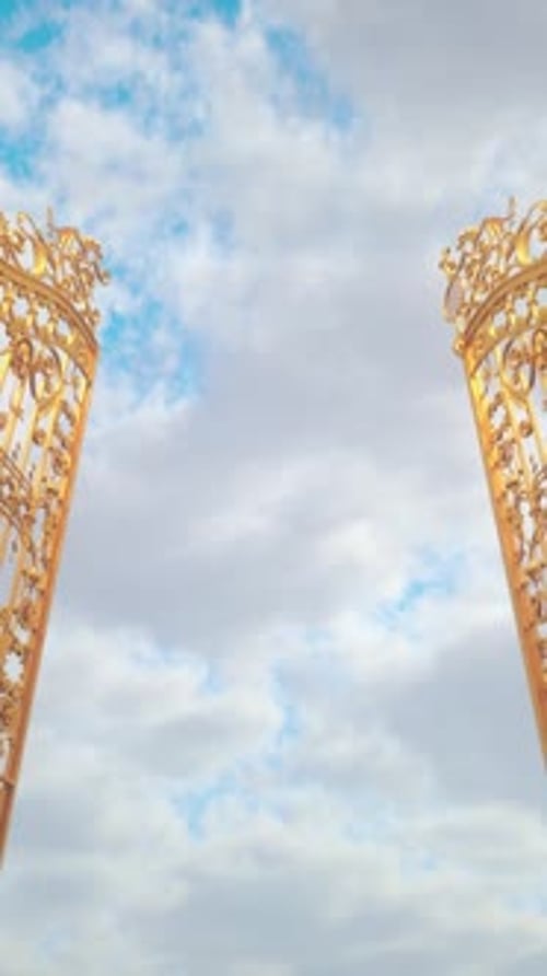 Golden Gate to Heaven. The gate closes against the backdrop of a colorful sky. 3D video animation 4K
