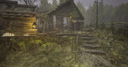 Abandoned Cabin in Forest with Overgrown Vegetation at Twilight