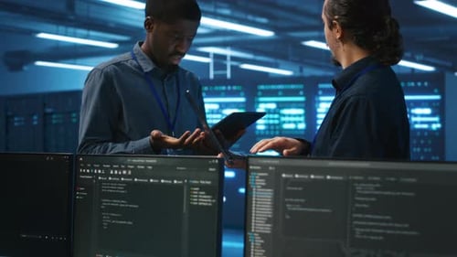 Coworkers Examining Equipment in Data Center Ensuring System Security