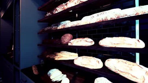 Realistic Bakery Shelves with Fresh Bread and Slow Camera Pan