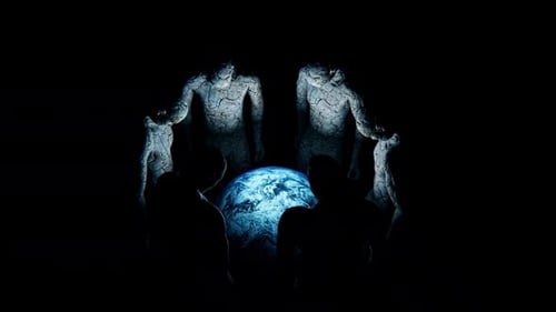 Cracked Earth Figures Surrounding Glowing Planet Earth