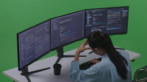 Asian Woman Developer Having Headache While Write Code With Multiple Screens In Green Screen