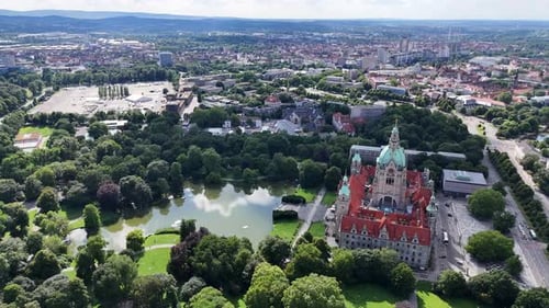 Aerial view of Neues Rathaus and Masch Park in Hanover, Germany
