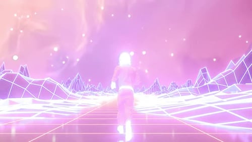 Retro Futuristic Runner on Neon Grid Landscape