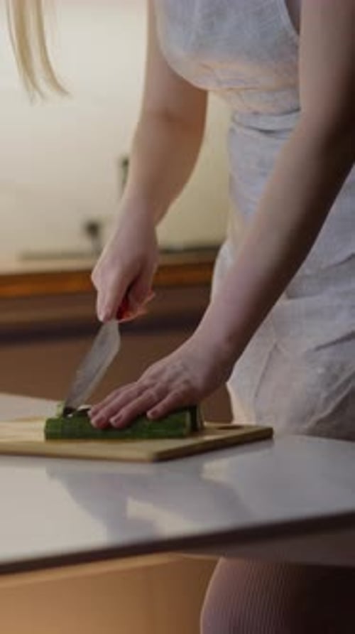 Housewife Cuts Juicy Cucumber to Make Delicious Salad