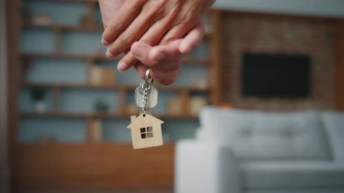 Unrecognizable Caucasian Married Couple Spouses Owners with Key From Buying House Receiving Mortgage