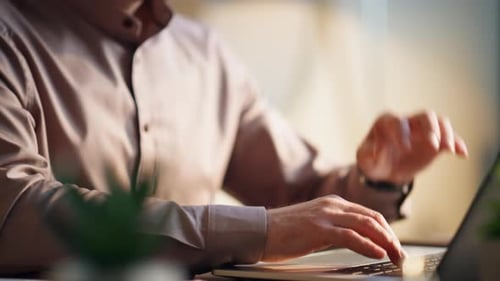 Bearded Manager Busy Office Work Sitting Desk Closeup Businessman Typing Laptop