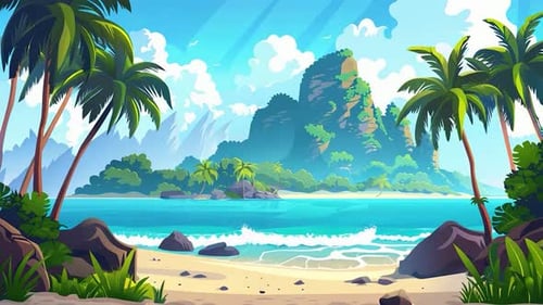 Tropical Island Landscape with Blue Ocean Waves - Palm Trees & Beach - Summer Vacation
