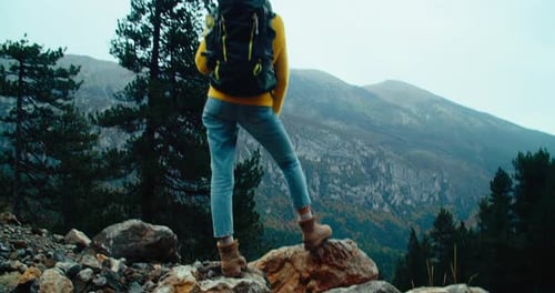 Traveler Female Stand on Cliff Edge Enjoy Beautiful Mountain View on Trip