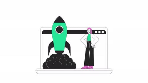 Animated Rocket Launch from Laptop Screen with Person