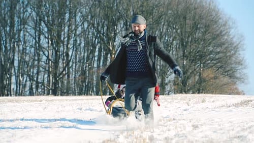 Father and Mother Pulling Daughter on Sledge, Running. Winter Na Accident