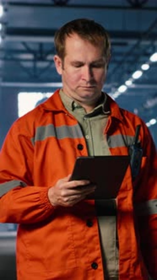 Vertical Video Workforce Technician Walking on Factory Floor Using Tablet Equipment