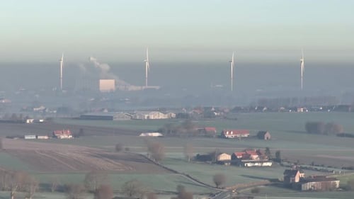 aerial images show the windmills of the wind farm near westouter in the Flemish countryside
