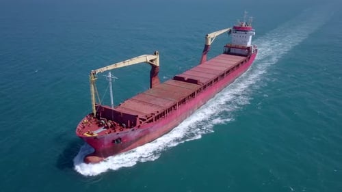 Cargo Ship at sea,Top down drone footage
