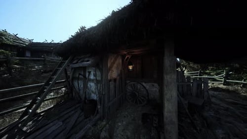 Rustic Wooden Cottage with Thatched Roof in a Serene Rural Setting at Dusk