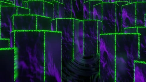 Schleifenanimation mit grünem und violettem Zylinder-Berghintergrund in 4K
