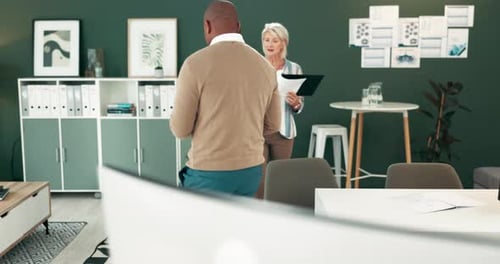 Tablet, man and woman shaking hands in office with deal, collaboration and planning success