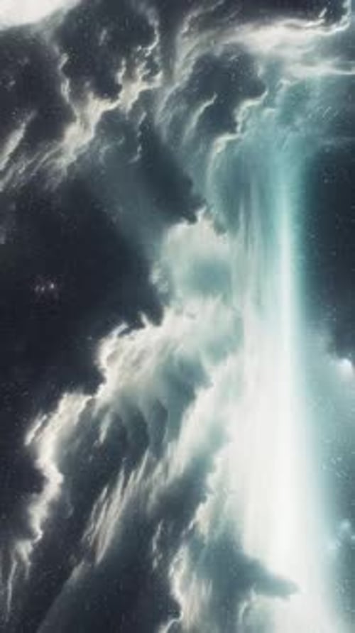 Fluid Cosmic Cloudscape with Sparkling Vertical Light Beam