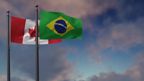 Realistic Waving Flags of Canada and Brazil on Flagpoles