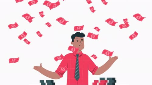 Flat Illustration: Happy Businessman with Falling Cash