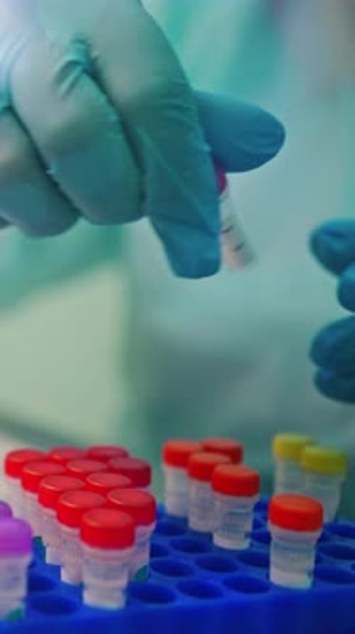 Gloved Hands Working with Vials in Laboratory