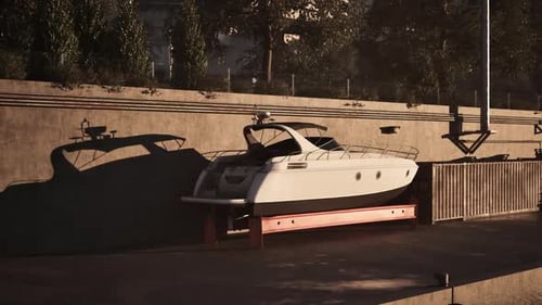 A Sleek Boat Resting Quietly at Dock During Golden Hour By the Waterfront
