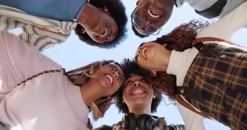 Students, happy and diversity with friends in college from below for support, education and future