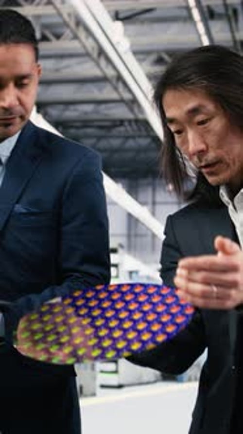 Vertical Video Multiethnic Management Executives Use Device to Examine Semiconductor Substrate