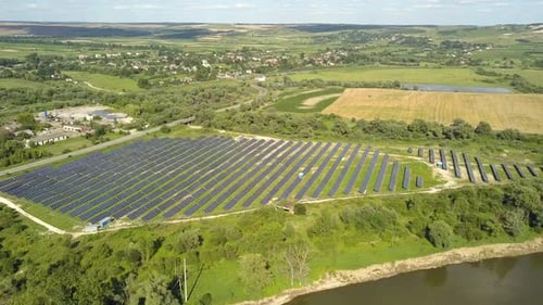 Aerial View of Solar Power Plant Field Electrical Photovoltaic Panels for Producing Clean Ecologic