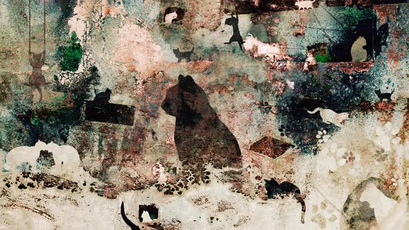 Animated loop of many cats in an abstract urban decay background ...