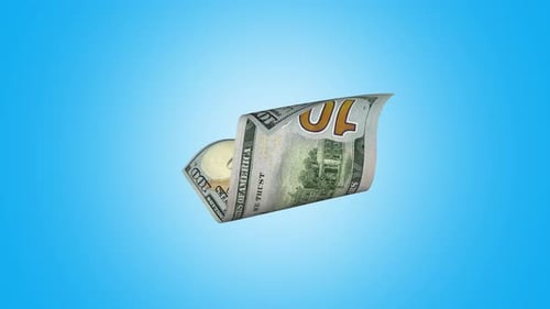 3D Animation of a single US dollar note rotating in a loop in different angles on blue screen