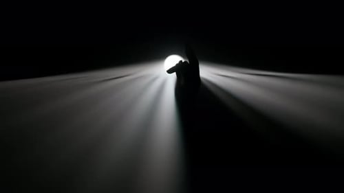 Hellweißer Scheinwerfer, professionelle Beleuchtungsausrüstung, die sich in der Dunkelheit dreht, Hand- und Silhouettenspiel