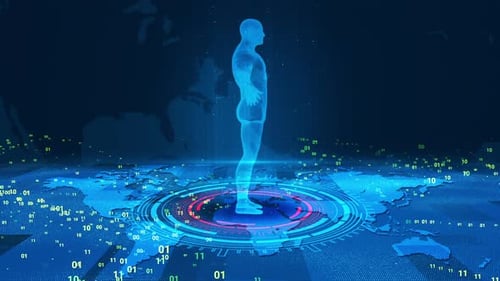 Futuristic Digital Human Hologram with Global Data Visualization