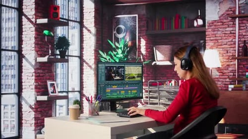 Focused Editor Woman Works on Video Montage in a Creative Software