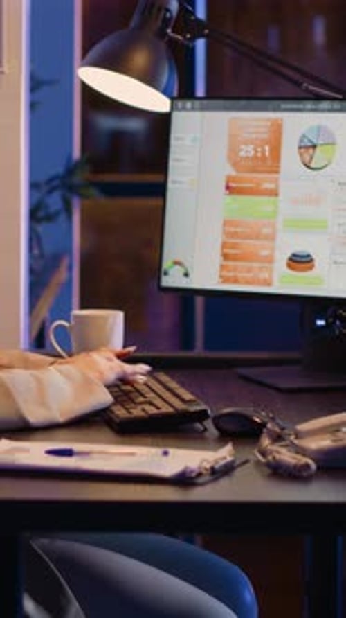 Vertical Video Female Office Worker Checking Business Statistics