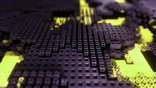 3D Animation Depicting a Vivid Digital Terrain with Radiant Yellow Highlights on a Tech Grid