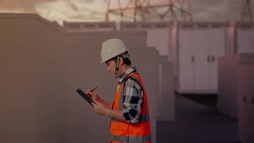 Side View of Asian Male Engineer Taking Note on Tablet While Walking with Electrical Energy