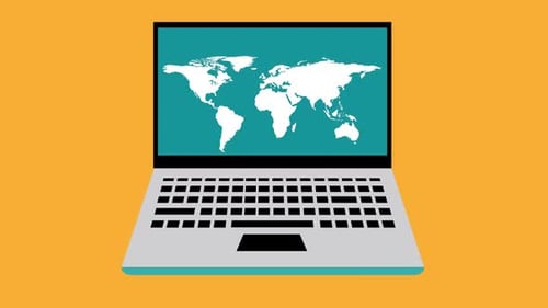 Animated Laptop with World Map and Global Travel Path