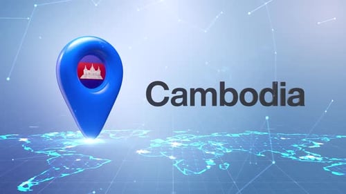 3D Cambodia Location Pin Reveal with Digital World Map Background