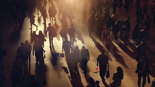 back light silhouette of people walking on crowded street at sunset