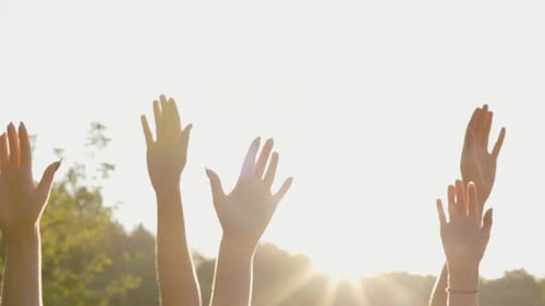 Group of Young Adults Raising Hands in Air