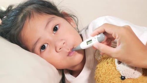 Girl Checking Temperature with a Digital Thermometer